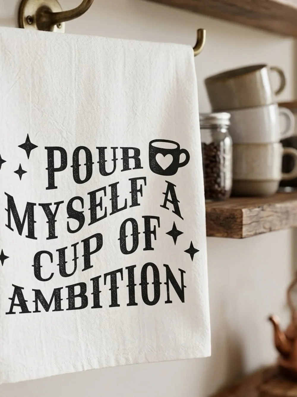 White Kitchen Tea Towel with Black 'Cup of Ambition' Print